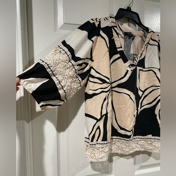 Rachel Zoe Linen Blouse Top Women 1X Black Cream Oversized Puff Sleeve - Picture 2 of 12